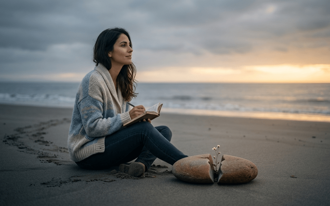 Una mujer joven reflexiona en una playa al atardecer, escribiendo en un diario para superar el duelo por ruptura de pareja.